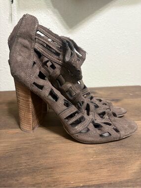 Carlos Santana Chocolate Brown Suede Cutout Block Heel Sandals